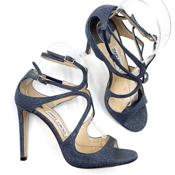 Jimmy Choo Lang Glitter Sandals Fine Navy Blue Strappy Stiletto Heels Sz 37 / 7 - Picture 1 of 9